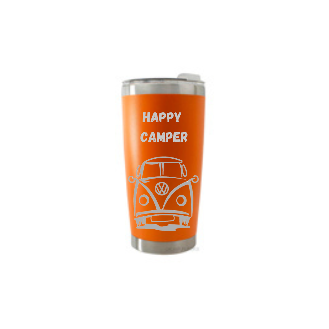Personalised Gift: Thermal Travel Mug, VW, Happy Camper Design