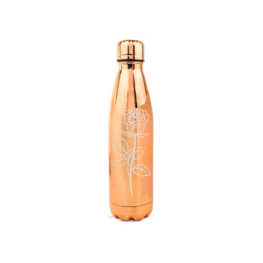 Personalised Gift: Steel Water Bottle, Rose Design, Personalised with Any Name