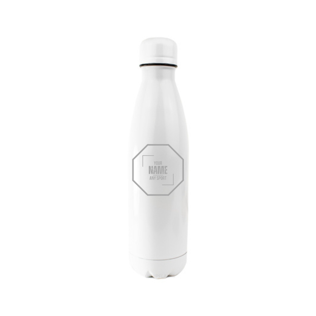 Personalised Gift: Steel Water Bottle, Octagon Logo Design, Personalised with Your Name & Any Sport