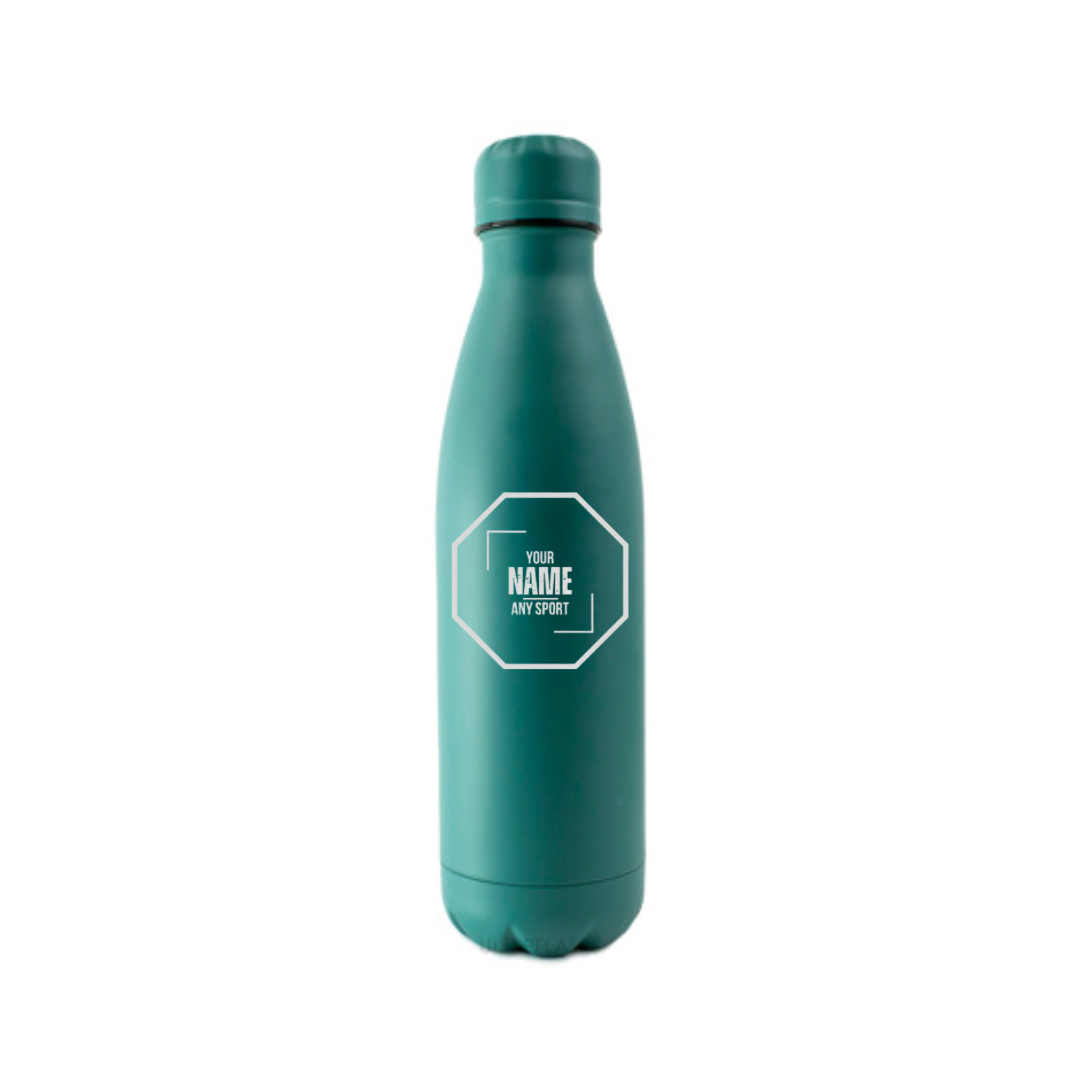Personalised Gift: Steel Water Bottle, Octagon Logo Design, Personalised with Your Name & Any Sport