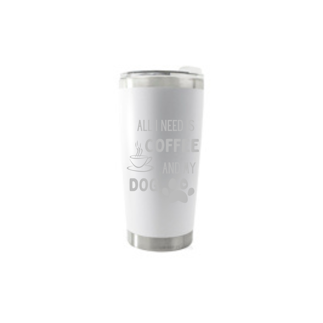 Personalised Gift: Thermal Travel Mug, All I Need Is My Dog & My Coffee Design
