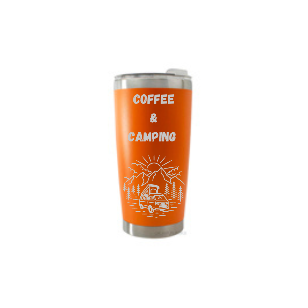 Personalised Gift: Thermal Travel Mug, Coffee & Camping Design