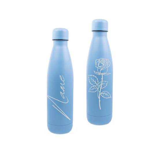 Personalised Gift: Steel Water Bottle, Rose Design, Personalised with Any Name