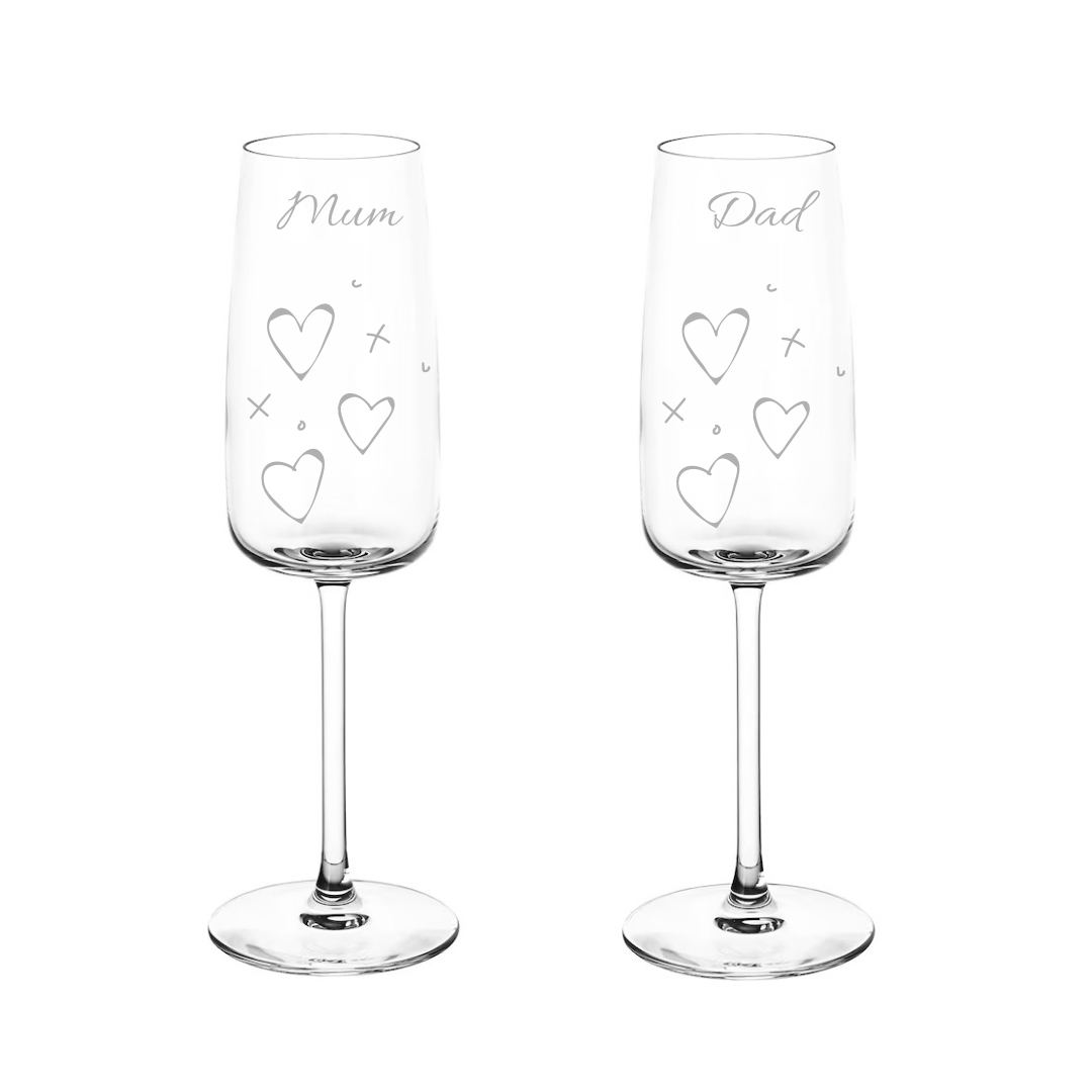 Personalised Gift: Personalised Champagne Glass, Hearts & Kisses Design, Any Name