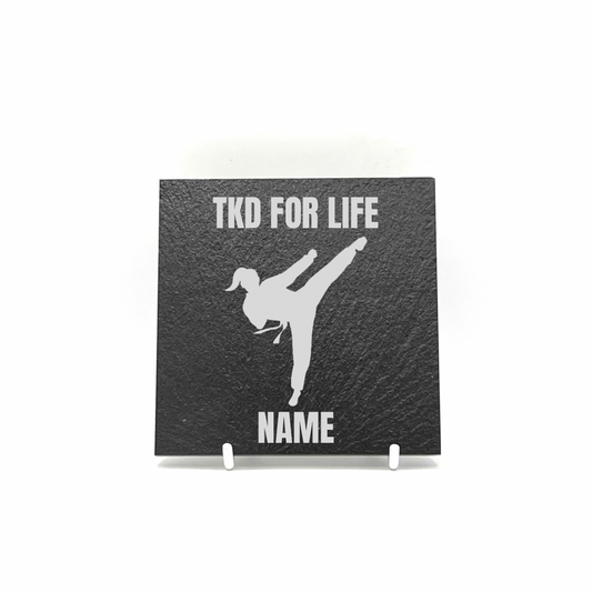 Personalised Gift: Slate Coaster, Taekwondo, TKD Design & Any Name