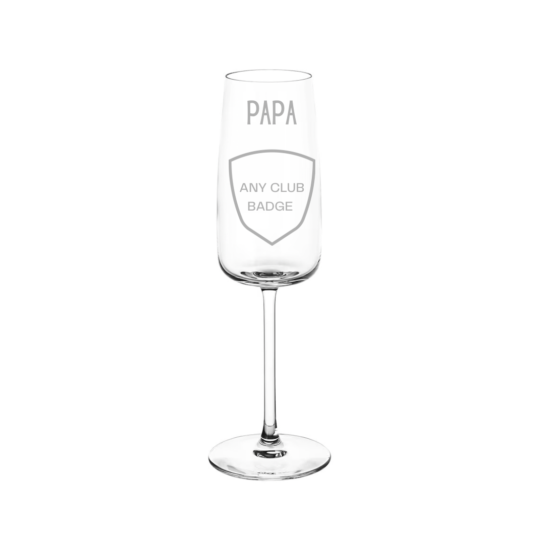 Personalised Gift: Personalised Champagne Glass, Any Name & Any Club Badge