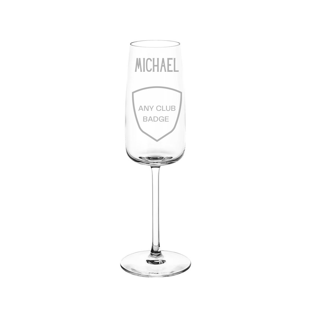 Personalised Gift: Personalised Champagne Glass, Any Name & Any Club Badge