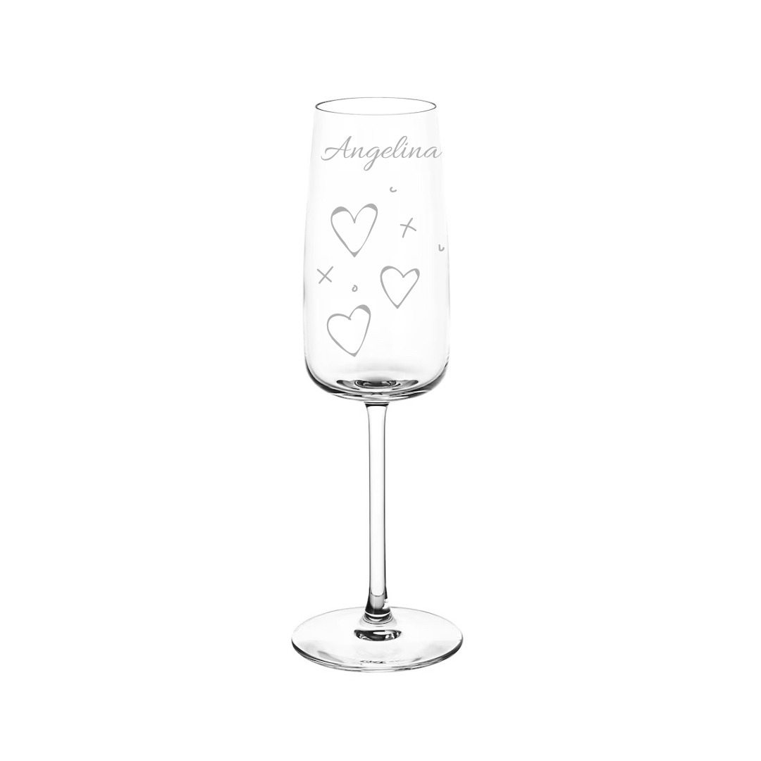 Personalised Gift: Personalised Champagne Glass, Hearts & Kisses Design, Any Name