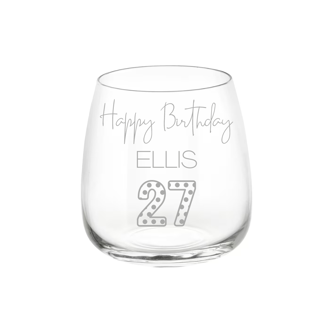 Personalised Gift: Personalised Glass, Happy Birthday Design, Any Name & Any Age