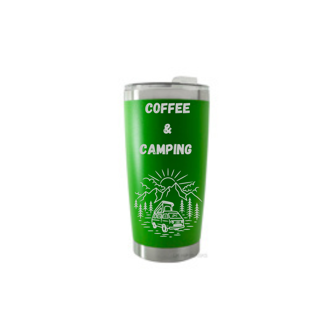 Personalised Gift: Thermal Travel Mug, Coffee & Camping Design
